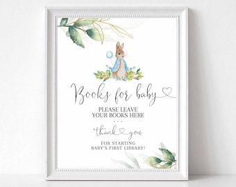 Libros para baby shower con temática de Peter Rabbit, color azul, verde y dorado, para tarjetas de felicitación, juegos y decoraciones para baby shower, imprimibles digitales, descarga instantánea 1304V1