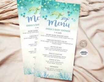 EDITABLE Sea Turtle Baby Shower Birthday Menu 4x8" Menu Printable Template Instant Download 1204