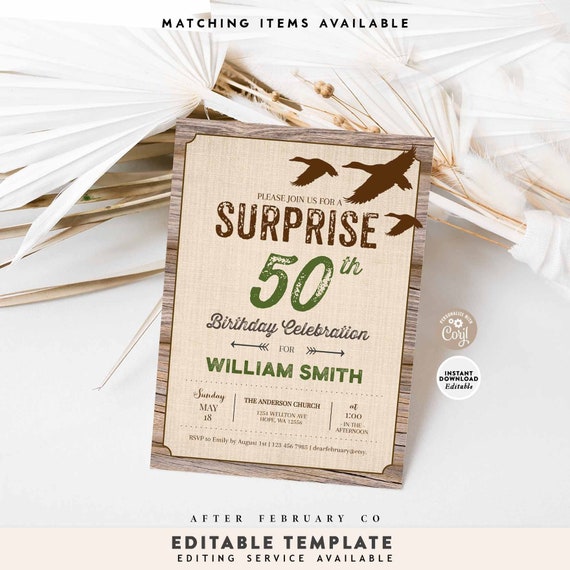 Editable Duck Hunting Surprise Adult Birthday Invitation Birthday Party Invitation Rustic Invite Printable Instant Download 983A1