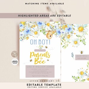 Pu&ograve; includere: Un invito a una festa di benvenuto per un bambino con un design floreale ad acquerello con fiori blu e gialli. Il testo recita "Oh Boy! Let's shower the Parents to Bee" con i nomi Lisa & William Jones. L'invito include la data, l'ora, il luogo e le informazioni RSVP. L'invito include anche un'illustrazione di un'ape e il testo "Jake Will Due Aug 2020".