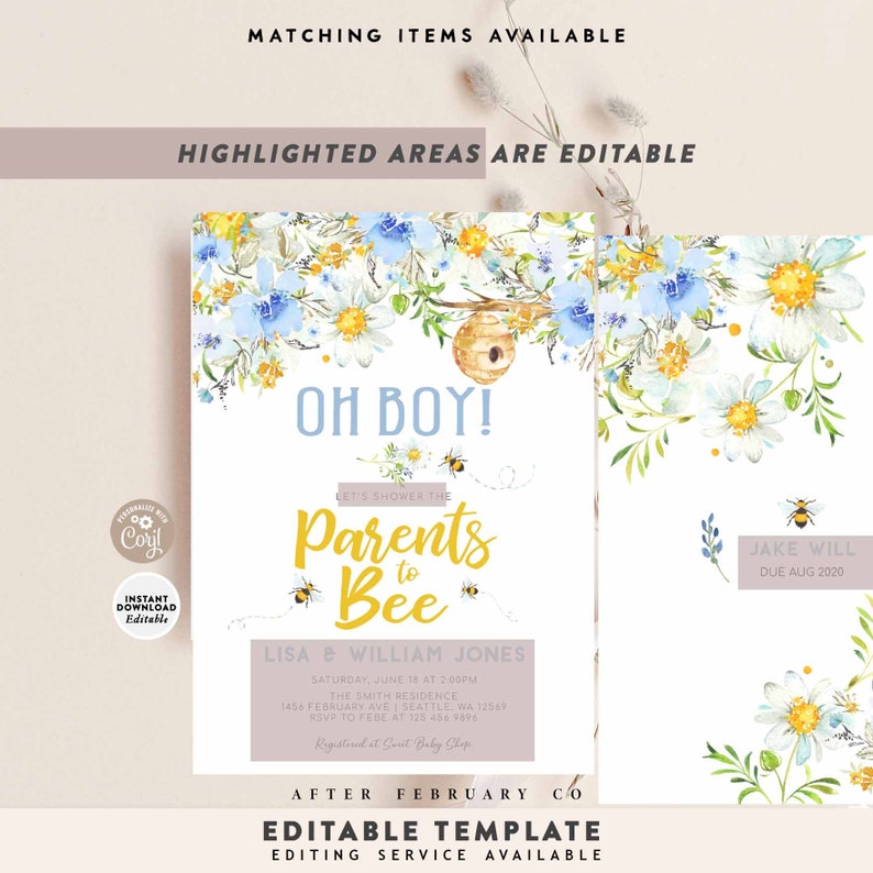 Pu&ograve; includere: Un invito a una festa di benvenuto per un bambino con un design floreale ad acquerello con fiori blu e gialli. Il testo recita "Oh Boy! Let's shower the Parents to Bee" con i nomi Lisa & William Jones. L'invito include la data, l'ora, il luogo e le informazioni RSVP. L'invito include anche un'illustrazione di un'ape e il testo "Jake Will Due Aug 2020".
