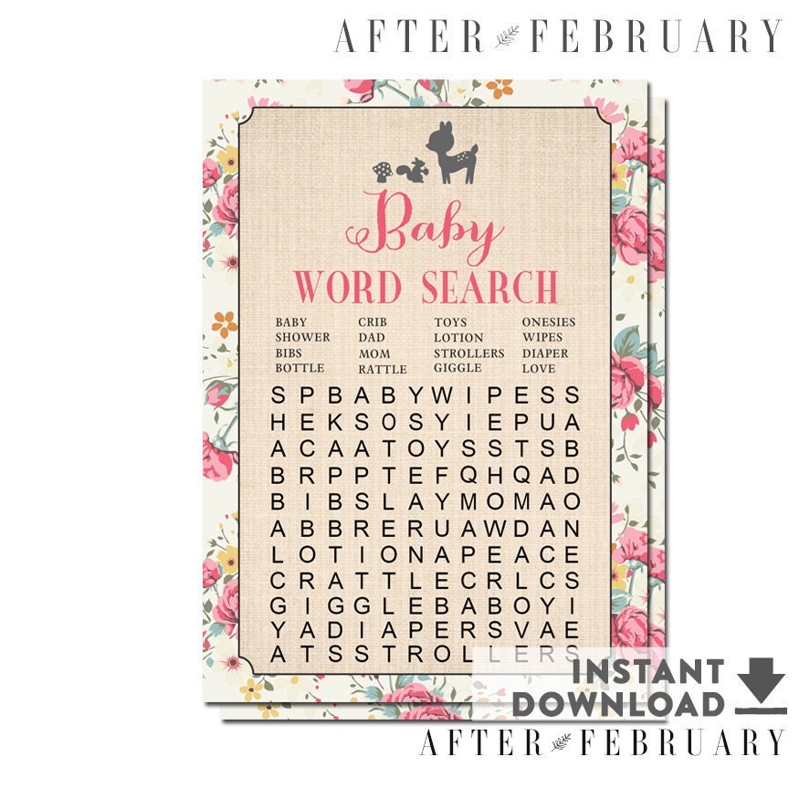Deer Baby Shower Word Search Printable Shabby Pink Girl Etsy