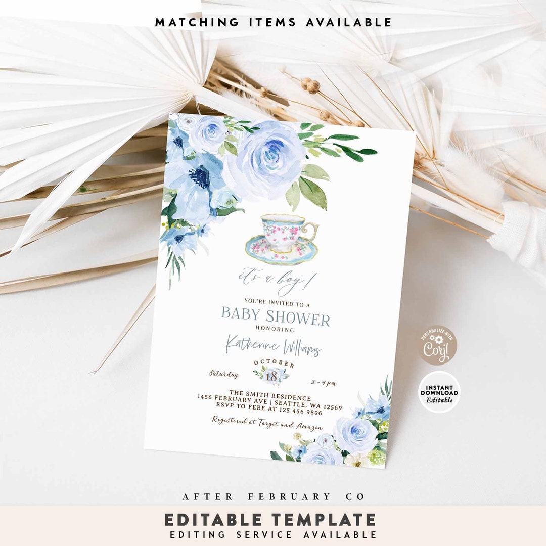 Editable Blue Floral Baby Shower Tea Party Boy Tea Party Baby Shower Invite Baby Girl Tea Party