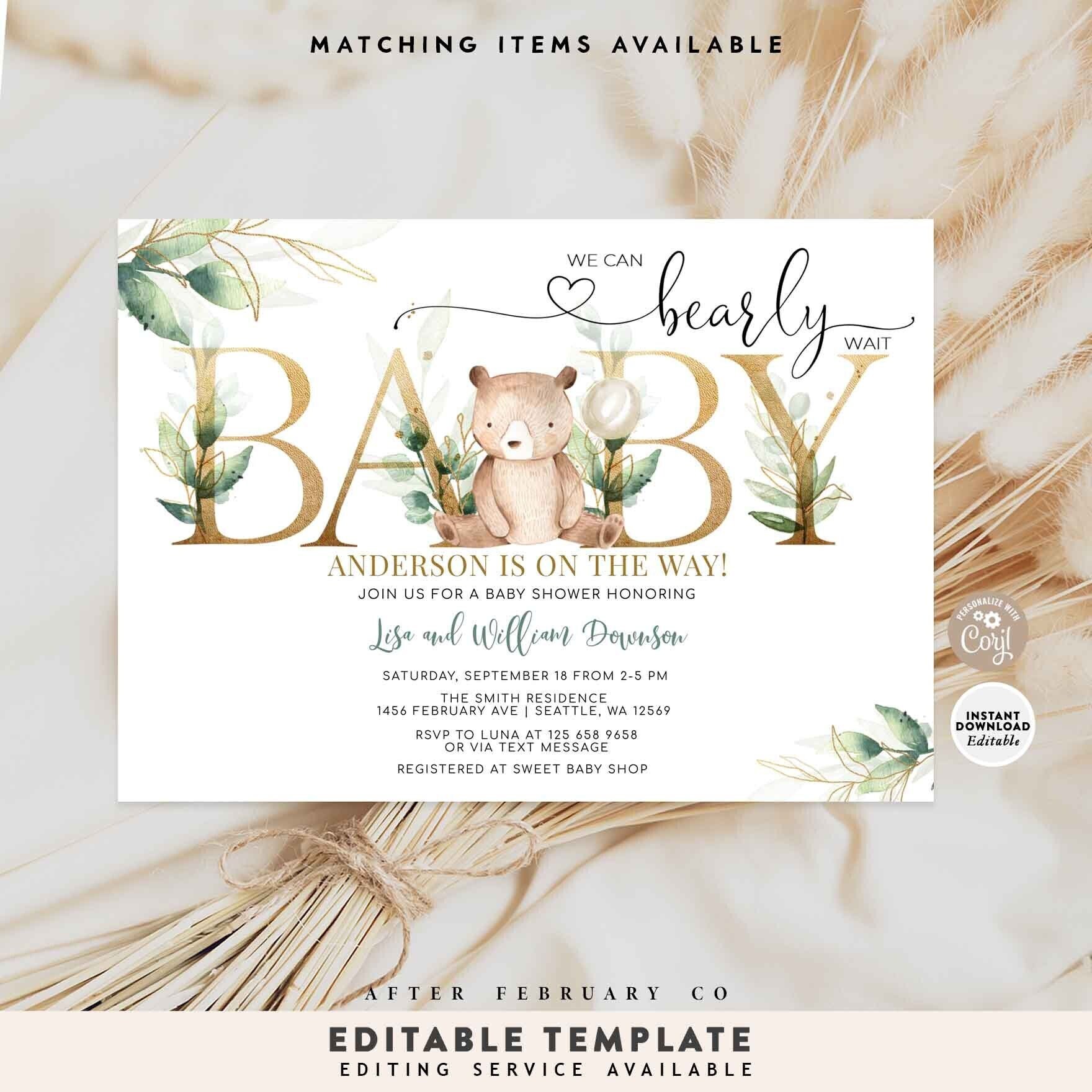 EDITABLE Greenery Gold We Can Bearly Wait Teddy Bear Baby Shower ...