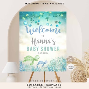 EDITABLE Sea Turtle Baby Shower Welcome Sign Under the Sea Baby Shower Decorations Boy Sign Printable Template Instant Download 1204