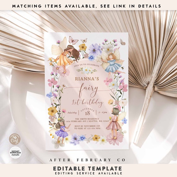Editable Fairy 1st First Birthday Invitation Girl Wildflower Enchanted Boho Floral Fairy 1st Birthday Invite Invites Template 27K1 (1)