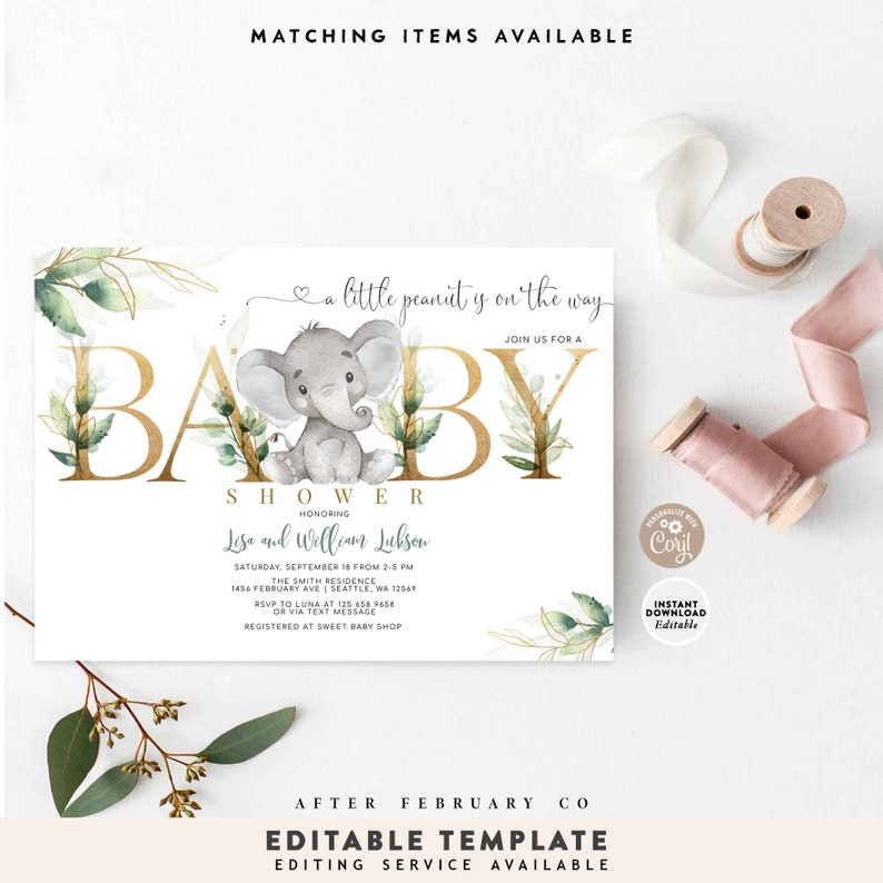 EDITABLE Greenery Gold Gender Neutral Elephant Baby Shower Etsy