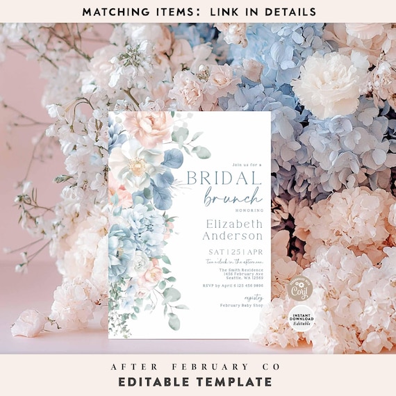 Dusty Blue Floral Bridal Brunch Invitation: Bridal Love in Bloom Invite Template 220BR1 (2)