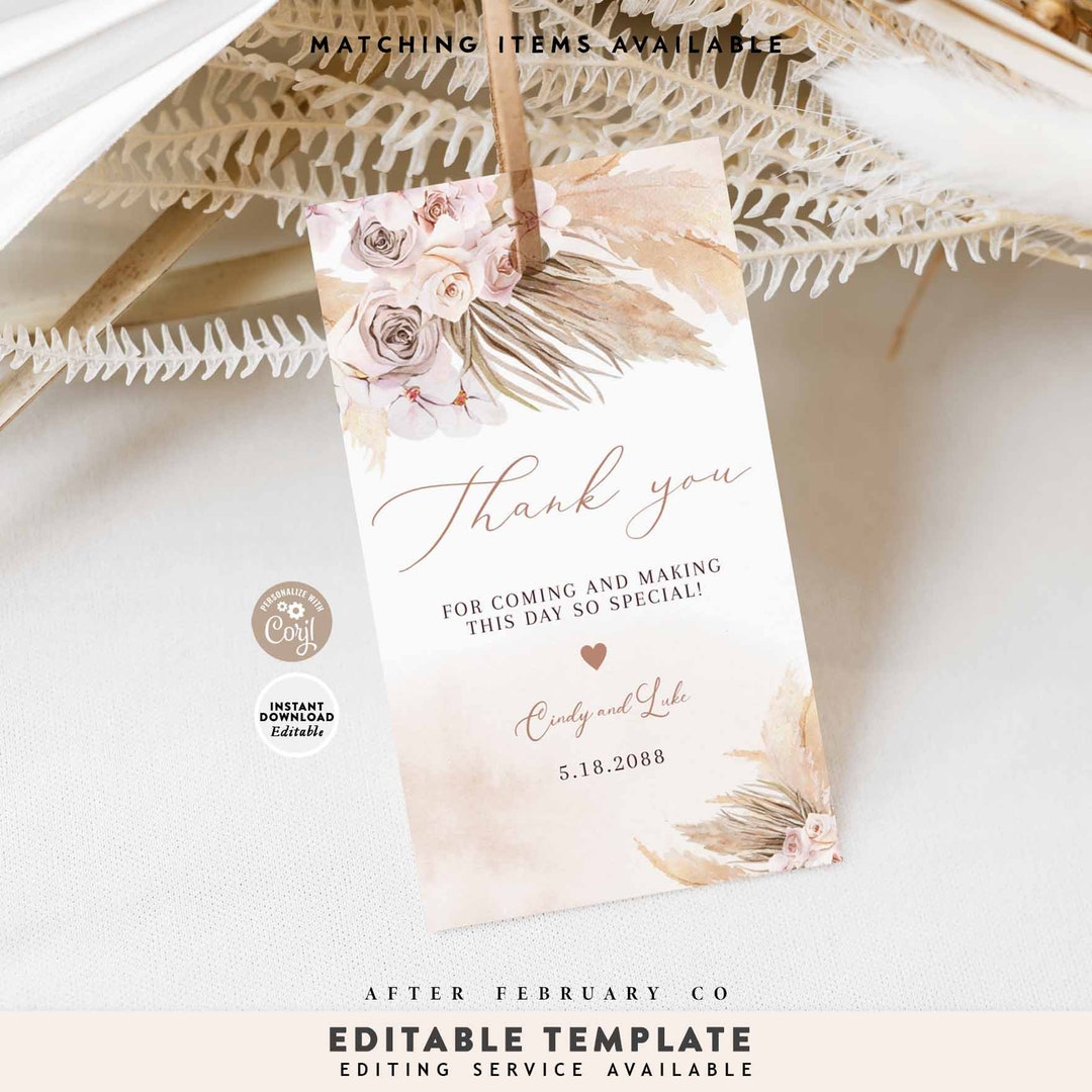 EDITABLE Girl Pink Pampas Grass Boho Girl Thank You Favor Gift Tag Tag ...