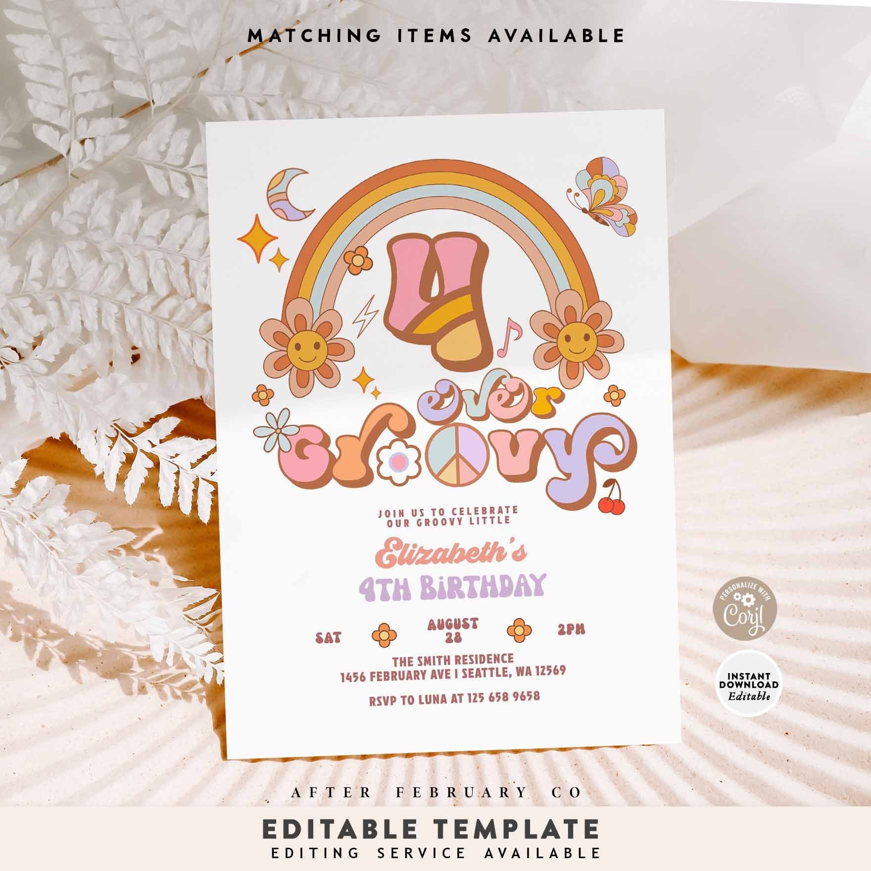 Editable FOUR Ever Groovy Birthday Invite Daisy Rainbow Hippie 4th ...