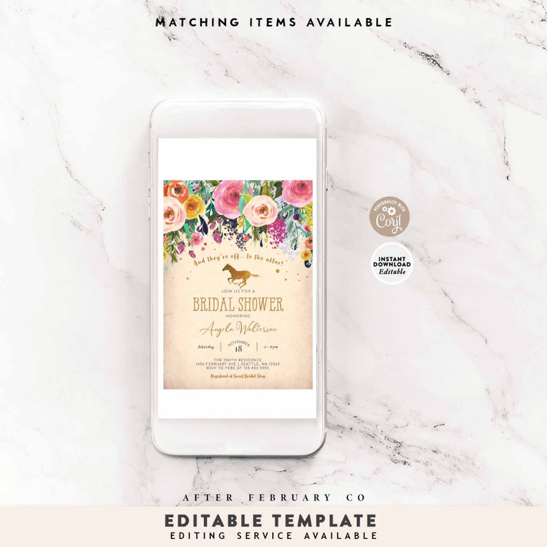 Editable Kentucky Derby Bridal Shower And They're Off to the Altar Floral Invitation Invite Printable Instant Download 1344BR1 1 image 3