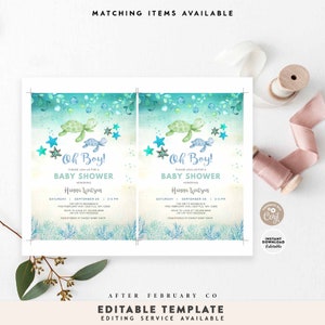 Może przedstawiać: Zaproszenie na baby shower z akwarelowym wzorem przedstawiającym ż&oacute;łwie morskie, rozgwiazdy i napis "Oh Boy!". Zaproszenie zawiera szczeg&oacute;ły baby shower Hanny Watson, z opcjami edytowalnego szablonu.
