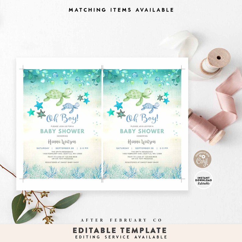 Może przedstawiać: Zaproszenie na baby shower z akwarelowym wzorem przedstawiającym ż&oacute;łwie morskie, rozgwiazdy i napis "Oh Boy!". Zaproszenie zawiera szczeg&oacute;ły baby shower Hanny Watson, z opcjami edytowalnego szablonu.