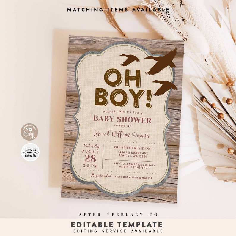 May include: A rustic baby shower invitation with a woodgrain background and a burlap-textured overlay. The invitation features a brown silhouette of flying ducks and the text "Oh Boy!" in brown letters. The text "Please join us for a Baby Shower" is in pink letters. The invitation includes the date, time, and location of the event, as well as the names of the parents-to-be.