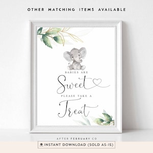 Greenery Gold Género Neutral Elefante Los bebés son dulces signo maní elefante bebé ducha decoración imprimible descarga instantánea 1302V1