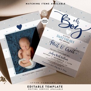 May include: A baby shower invitation with a blue and gray striped background. The invitation features a photo of a baby boy, the text "Oh Boy", and the words "A Little Sweetheart Has Arrived! Join Us For A Meet & Greet".