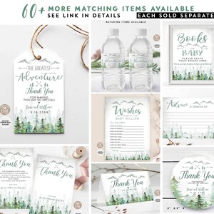 May include: A set of printable baby shower decorations with a woodland theme. The decorations include a welcome sign, a book request sign, a thank you sign, a water bottle label, a wishes card, and an advice card. The decorations feature a watercolor illustration of a forest with mountains in the background.