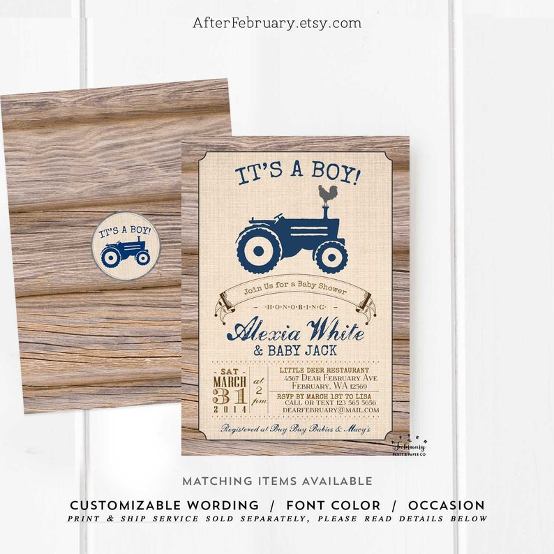 Navy Blue Tractor Baby Shower Invitation Boy Rustic Baby Etsy