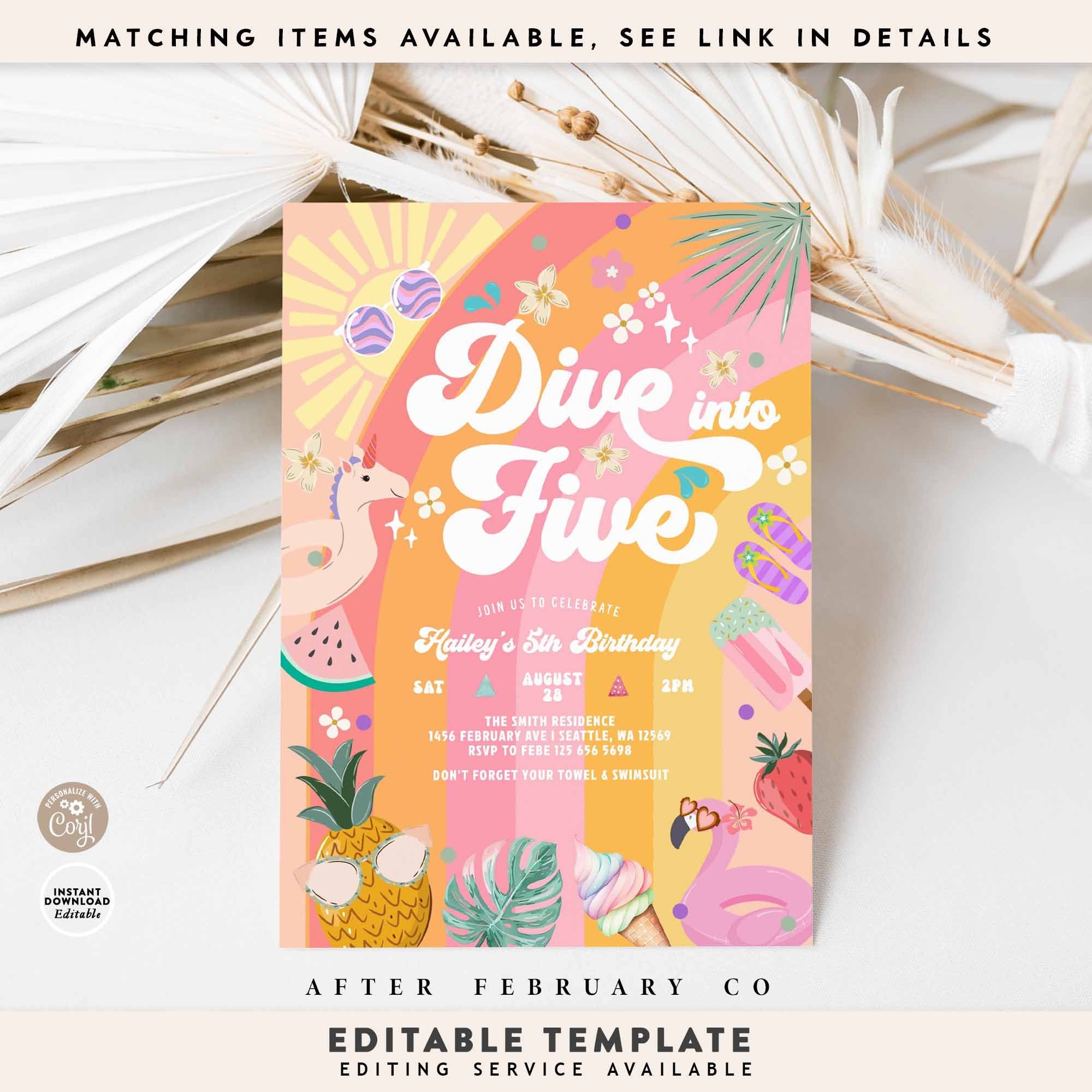Editable Dive into FIVE 5th Birthday Pool Party Invitation Girly Summer 5th Rainbow Groovy Splash Pad Party Invite Template 705K1 (5)