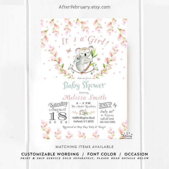Koala Baby Shower Invitation Girl Pink Floral Girl Baby Shower Etsy Koala Baby Shower Invitation Girl Pink Floral Girl Baby Shower Etsy