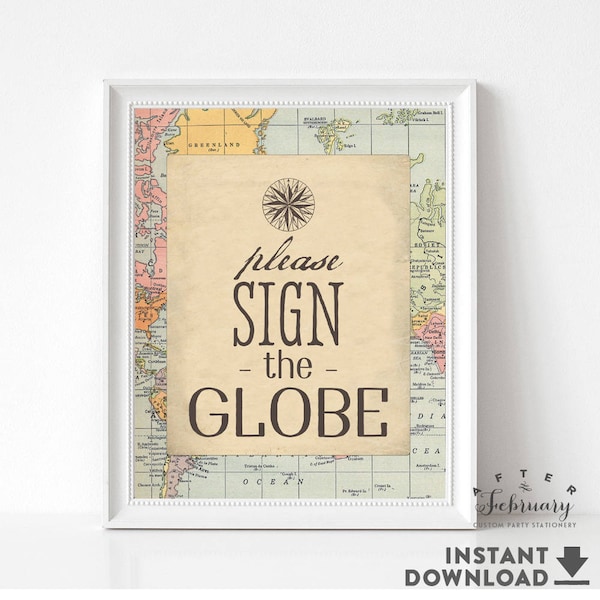 Please Sign the Globe Sign, Travel Compass Around the World Baby Shower Decor Decorations Boy Printable (INSTANT DOWNLOAD) No.1269