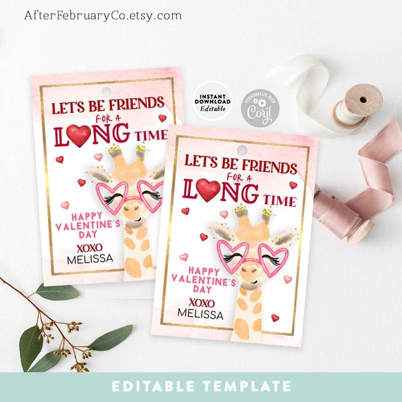 EDITABLE Valentine Giraffe Tag Valentine Treat Bag Friendship Tag Kids  Valentines Day Gifts Tagstemplate Printable Instant Download 238 