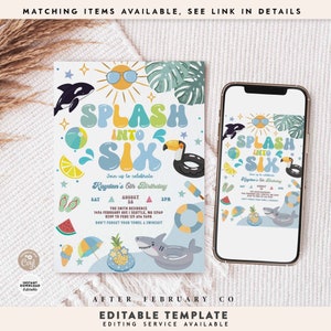 Editable Boy Splash Into SIX 6th Birthday Pool Party Invitation Whale ...