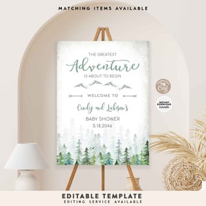 Letrero de bienvenida para baby shower de aventura editable, letrero de bienvenida para boda, bosque, parejas, despedida de soltera, decoración, letrero de bienvenida, imprimible digitalmente, 540V1