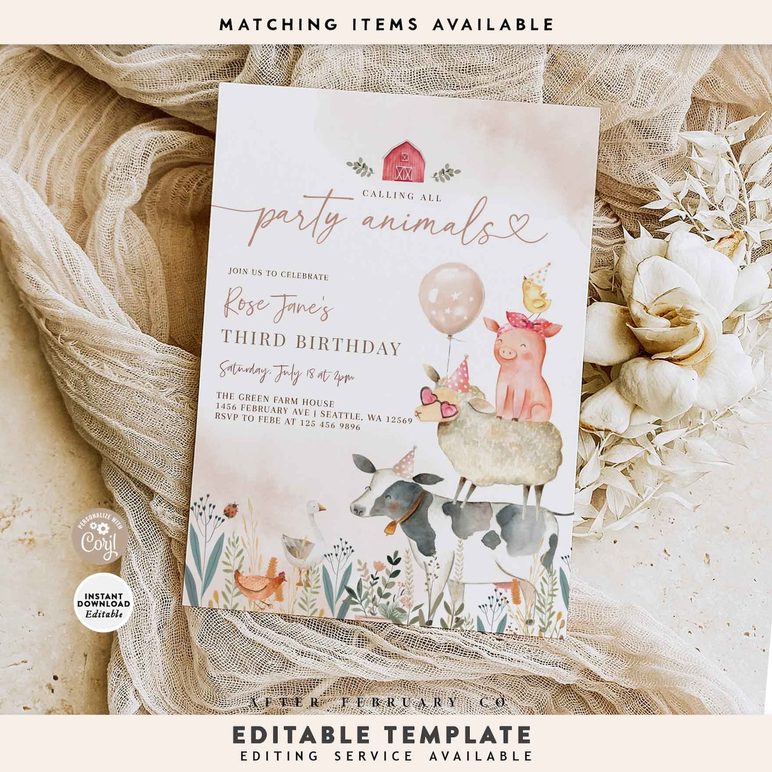 Editable Farm Animals Party Birthday Invitation Calling All Party ...