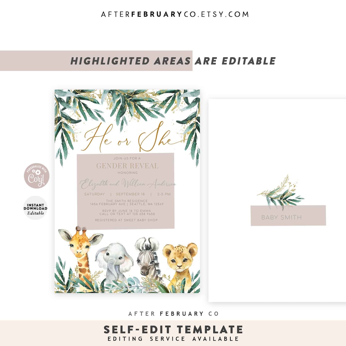 EDITABLE Safari Gender Reveal Party Invitation Gender Neutral Etsy