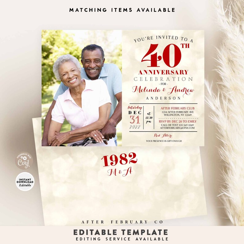 May include: A 40th anniversary invitation featuring a photograph of an older couple. The invitation is for Melinda and Andrew Anderson and is for a celebration at the After February Club on 31st December 2022 at 12:30 pm. The invitation also includes the text "1982 M&A" and "Red Attire".