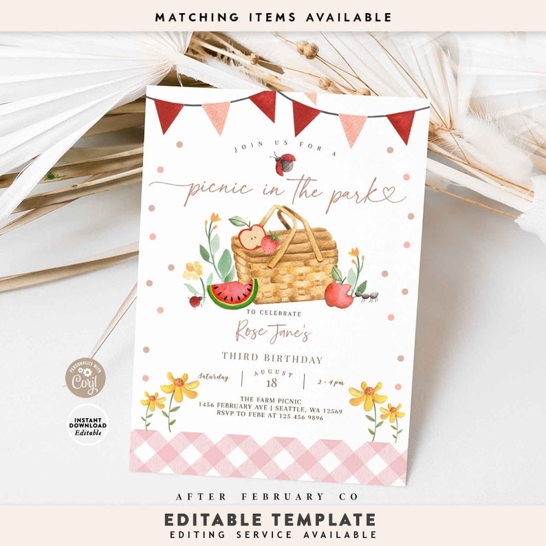Pink Picnic in the Park Birthday Party Invitation
