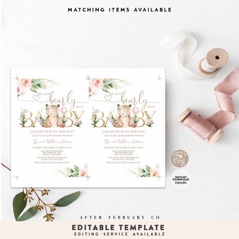 EDITABLE Pink Floral Greenery Gold We Can Bearly Wait Girl - Etsy