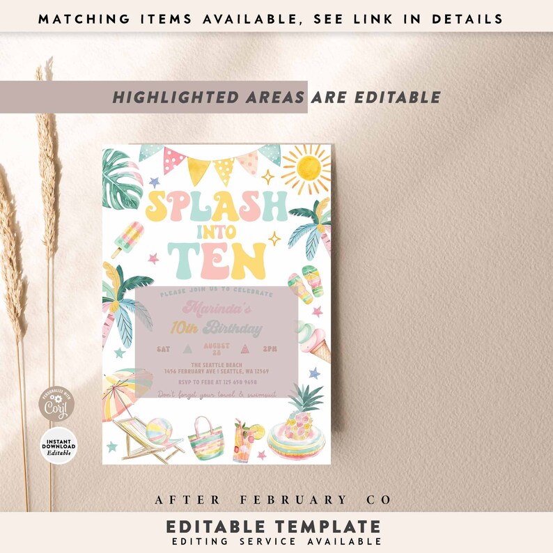 Splash Into TEN 10th Birthday Pool Party Invitation: Beach Theme Invite ...