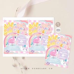 Groovy Splash into Six 6th Birthday Pool Party Invitation Girly Summer Pool Splash Pad Party Invite Digital Template