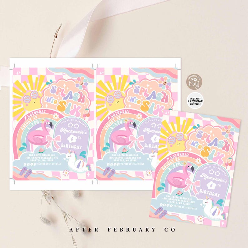 Groovy Splash into Six 6th Birthday Pool Party Invitation Girly Summer Pool Splash Pad Party Invite Digital Template
