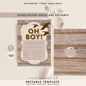 May include: A baby shower invitation with a rustic wood background and a brown and white design. The invitation says "Oh Boy!" and includes the text "Baby Shower Honoring Lisa and William Dawson".