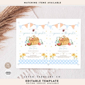 Peut inclure: Mod&egrave;le modifiable pour une invitation &agrave; un anniversaire de pique-nique dans le parc. L'invitation pr&eacute;sente une illustration aquarelle d'un panier de pique-nique avec des fruits, une past&egrave;que et des fleurs. Le texte dit "Rejoignez-nous pour un pique-nique dans le parc" et "Pour c&eacute;l&eacute;brer le troisi&egrave;me anniversaire de Rose Jane".