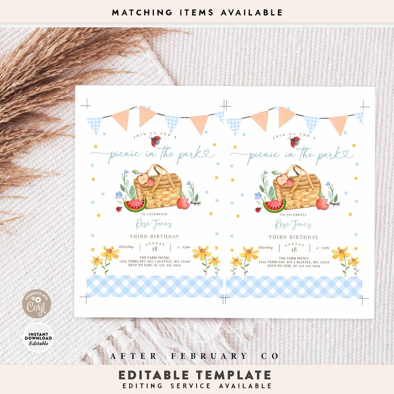 Peut inclure: Mod&egrave;le modifiable pour une invitation &agrave; un anniversaire de pique-nique dans le parc. L'invitation pr&eacute;sente une illustration aquarelle d'un panier de pique-nique avec des fruits, une past&egrave;que et des fleurs. Le texte dit "Rejoignez-nous pour un pique-nique dans le parc" et "Pour c&eacute;l&eacute;brer le troisi&egrave;me anniversaire de Rose Jane".