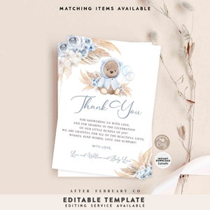 EDITABLE Bleu Pampas Grass Boho Boy Teddy Bear Thank You Note Card Bear Thank You Card Printable Template Instant Download 400V1