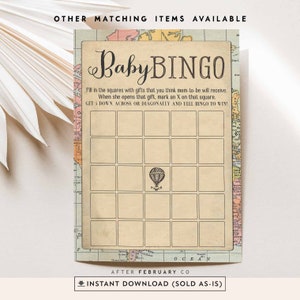 Bebê bingo para impressão, balão de ar quente, aventura, viagem ao redor do mundo, atividades de chá de bebê -download instantâneo para impressão 1274