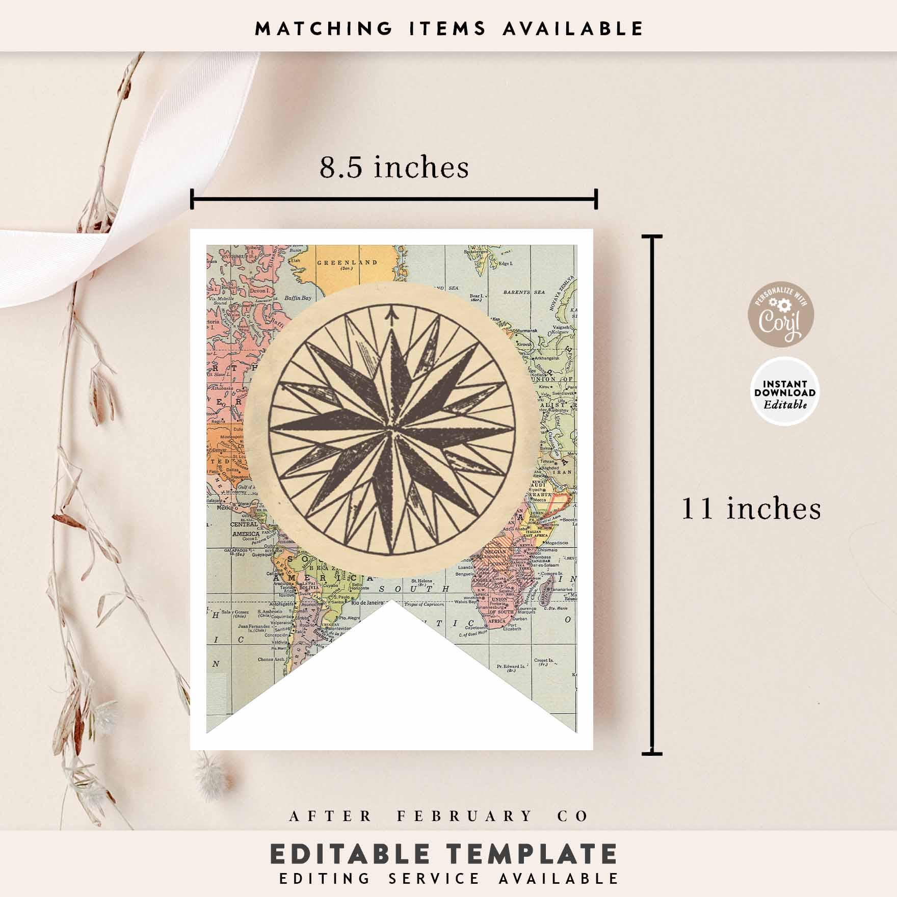 Editable Travel Compass Around the World Printable Pennant Banner ...