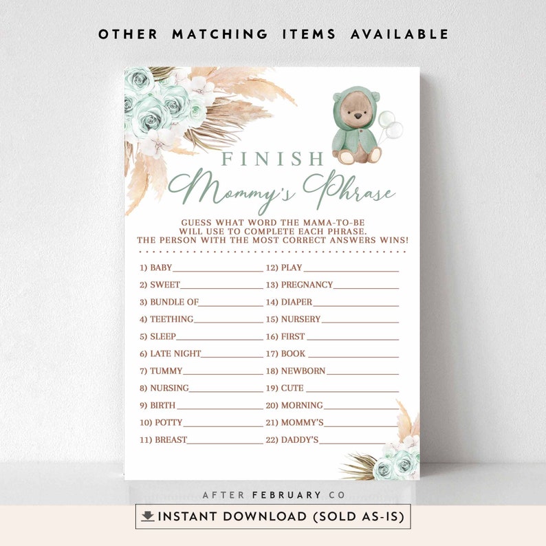 Finish Mommy #39 s Phrase Bear Baby Shower Game: Sage Green Boho (digital Finish Mommy #39 s Phrase Bear Baby Shower Game: Sage Green Boho (digital