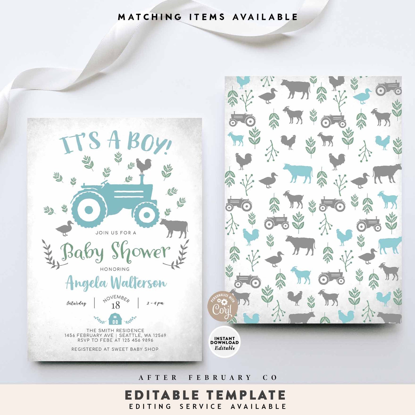EDITABLE Blue Tractor Baby Shower Boy Farm Barn Animal Tractor Blue ...