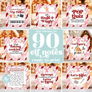 Könnte beinhalten: Eine Sammlung von neun druckbaren Weihnachtself-Notizen. Jede Notiz hat einen rosa-roten gestreiften Rand mit Lebkuchenmann-Illustrationen. Die Notizen enthalten Sätze wie "Christmas Movie Night", "Let's Bake" und "Letter to Santa".