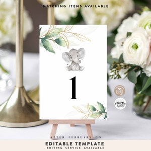 EDITABLE Greenery Gold Gender Neutral Elephant 5x7 « Numéro de table Décoration de table Décor Décors Imprimable Modèle Instantané Télécharger 1302V1