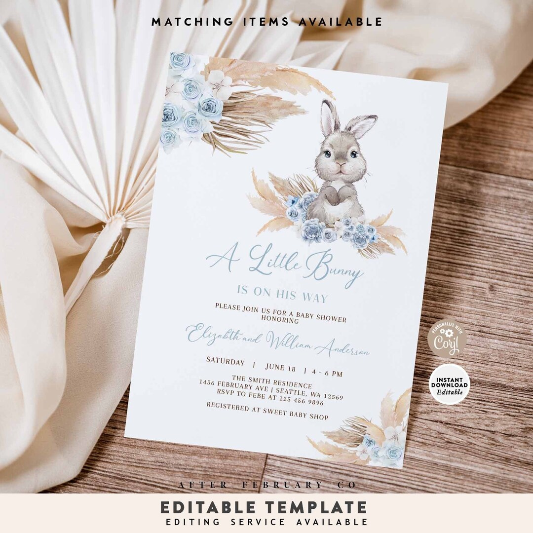 EDITABLE Blue Pampas Grass Boy Bunny Rabbit Baby Shower Invitation Boho ...