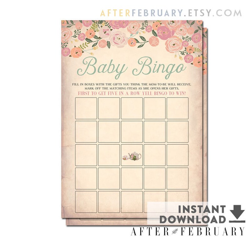 Floral Baby Shower Bingo Game Printable Shabby Floral Baby Etsy