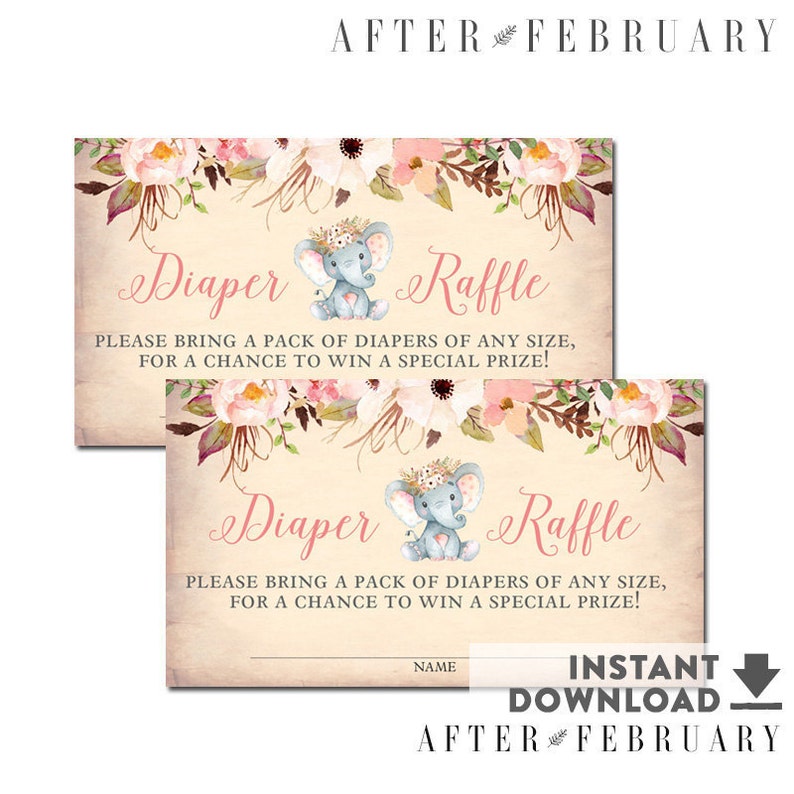 No.1474BABY Printable Diaper Raffle Tickets Girl Elephant Baby Shower Printable Floral Girl Baby Shower Inserts Printable Instant Download