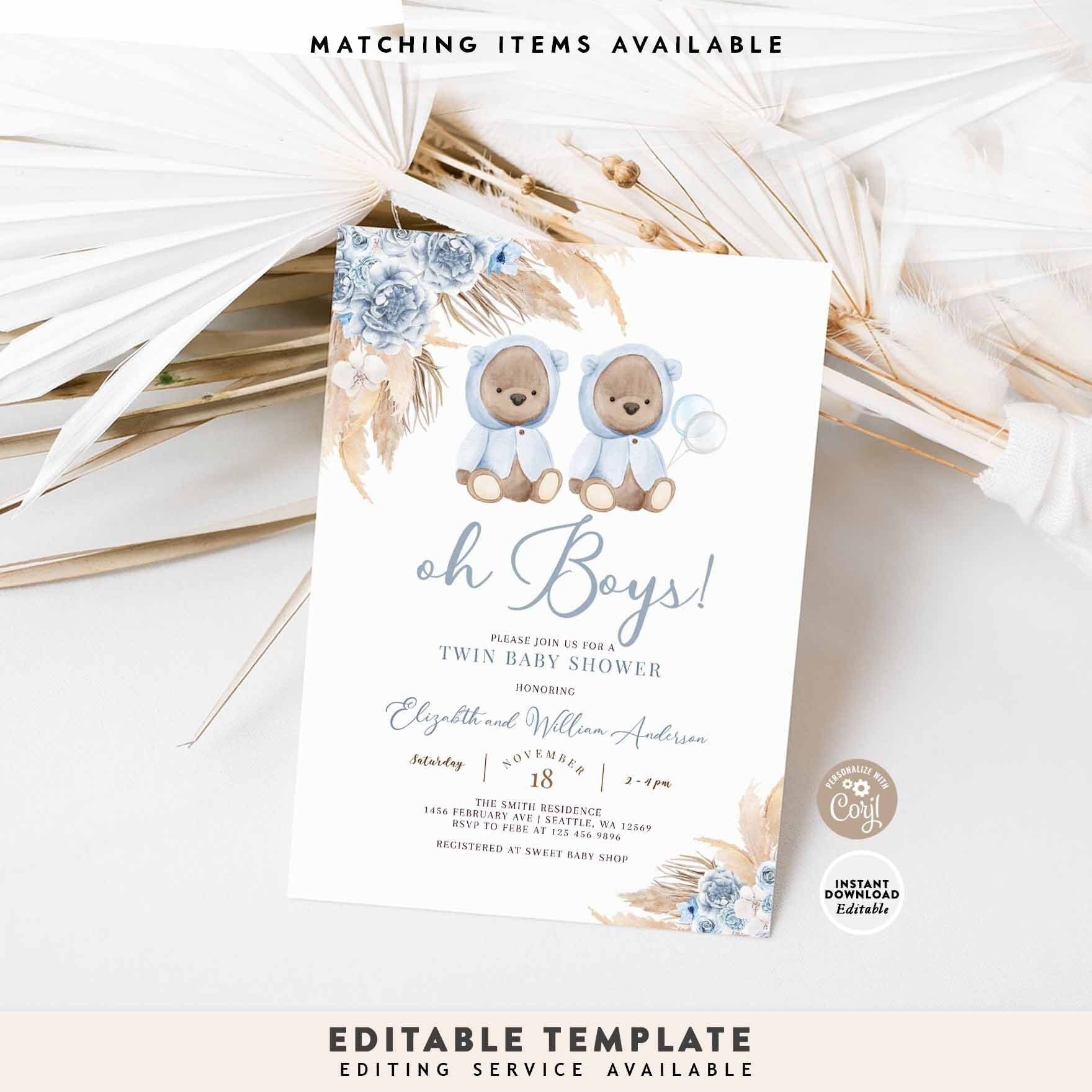 EDITABLE Blue Pampas Grass TWIN Boys Teddy Bear Baby Shower Invitation We Can Bearly Wait Printable Template Instant Download 400T4 (2)